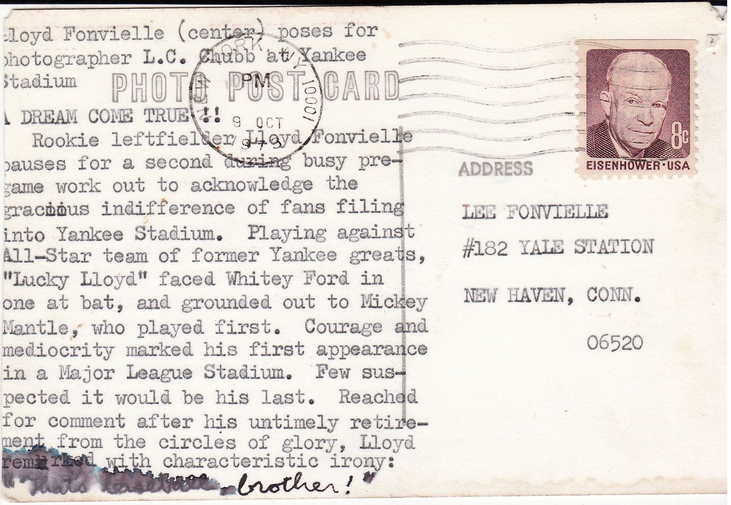 Postcard text for Yankee Stadium, Lloyd Baja